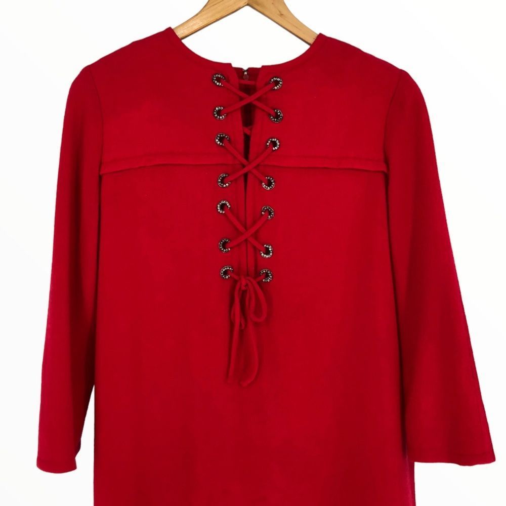 70’s Vintage Bill Blass Red Neiman Marcus Crisscross Lace Up Elbow Sleeve Dress - Picture 2 of 16